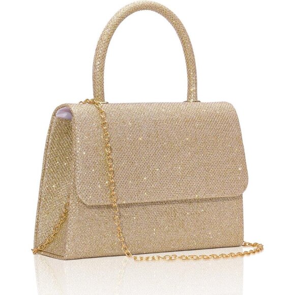 🆕Women's Champagne Glitter Top Handle Evening Purse w/ Chain, Party Prom Date - Picture 1 of 7